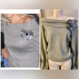 Boston Proper Gray Off-Shoulder Sweater with Floral Detail